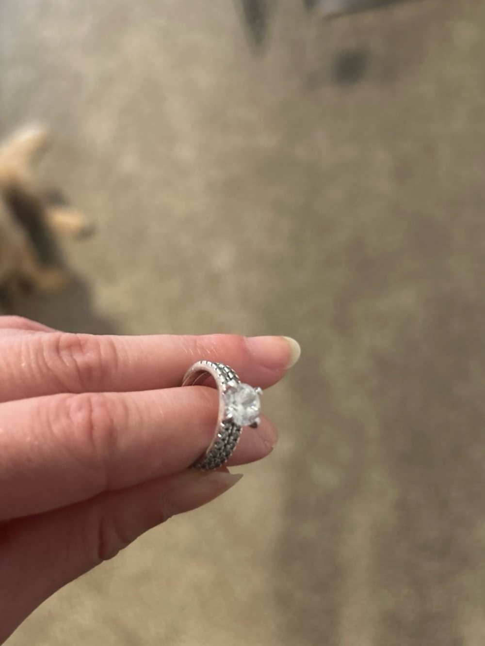 Silver Solitaire Cubic Zirconia Ring with Pavé Band - Silver